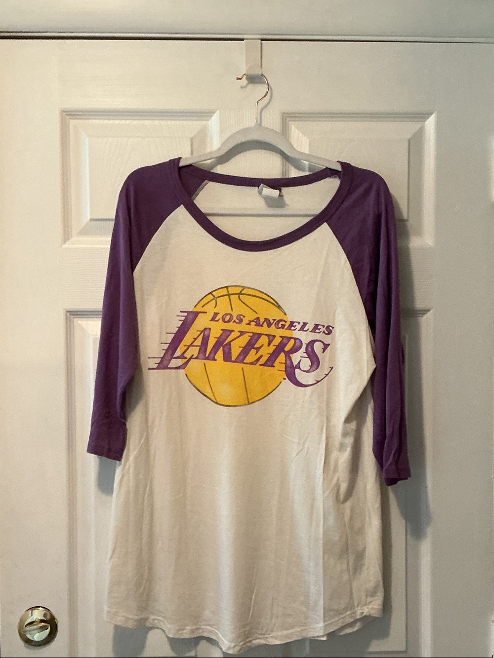 Junk Food Clothing White Baseball Tee with Purple Sleeves and Lakers Graphic
